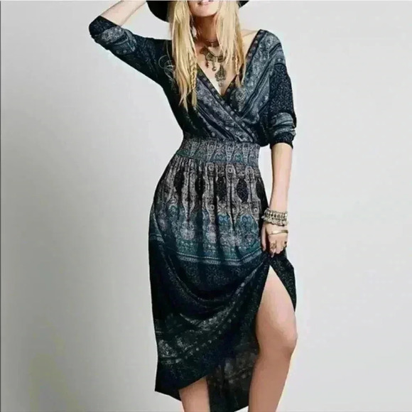 Free people reversible maxi greenish/ blue dress - Picture 3 of 16